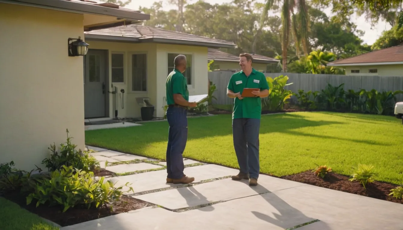 Friendly septic provider talking with a homeowner beside an open septic tank lid in a Deltona backyard