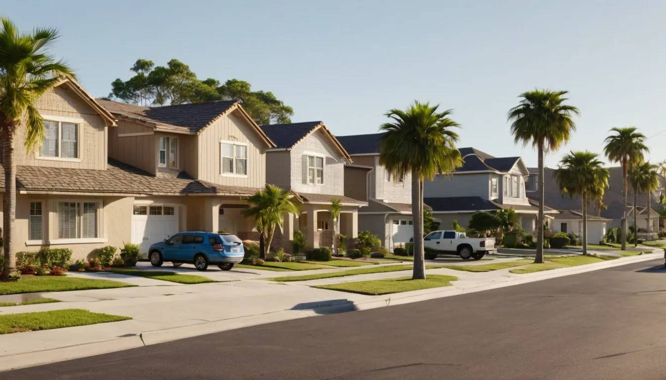 A residential street in the Deltona area with concrete block homes and a provider's truck at the curb